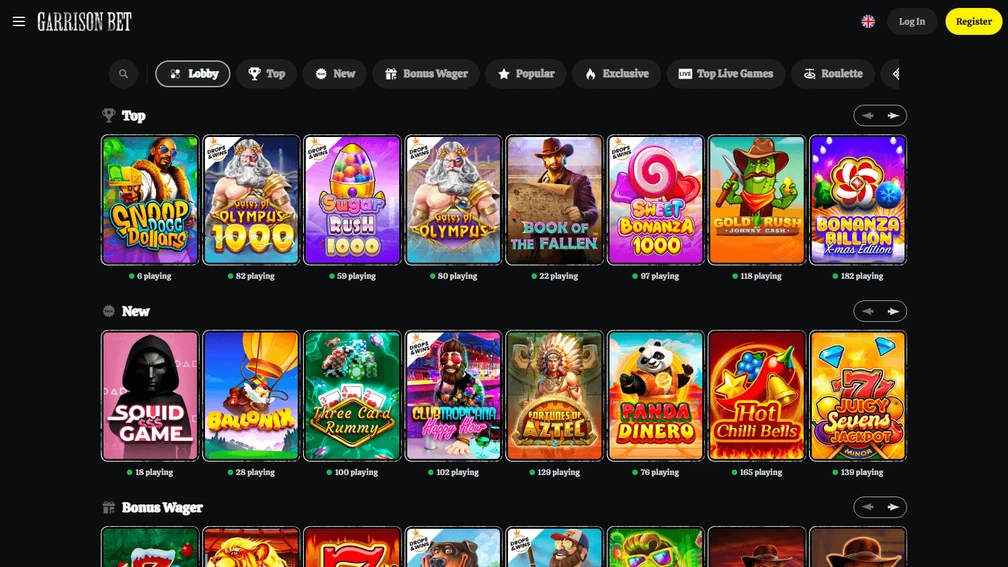 Garrison Bet lobby screenshot with its logo and game categories