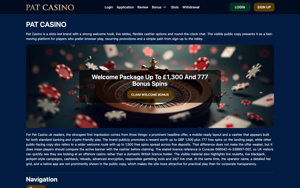 Pat Casino promotional information page at patcasino.com with its logo and navigation