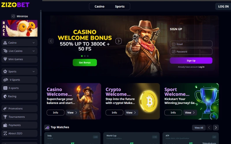 Zizobet withdrawal methods casino homepage screenshot for payment route and KYC checks
